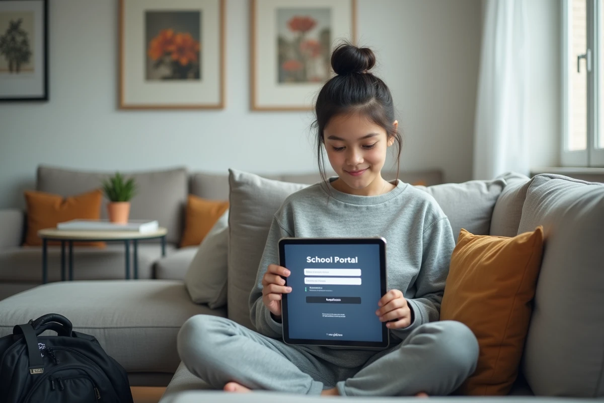 Adolescente se connectant au portail scolaire PSN Mon Lycée sur une tablette depuis le salon