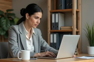 Femme utilisant un ordinateur personnel pour accéder à son espace melouvert Orléans Tours depuis son bureau à domicile