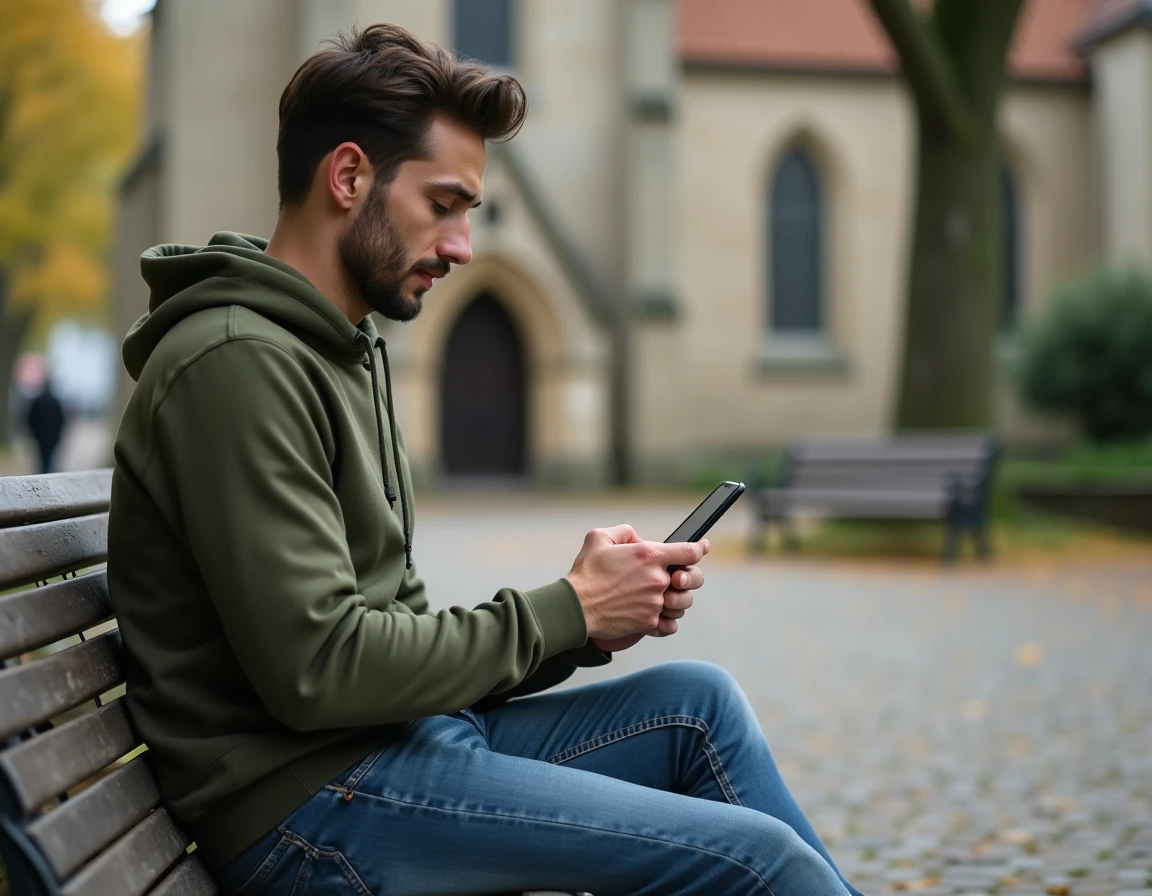 Jeune homme consultant le portail ENT Normandie sur smartphone dans une place de village normand