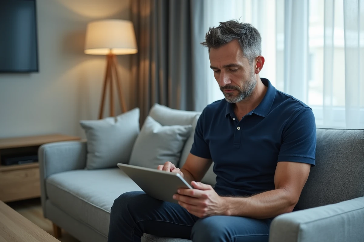 Homme utilisant une tablette depuis son salon pour accéder aux services en ligne NÉO Yvelines