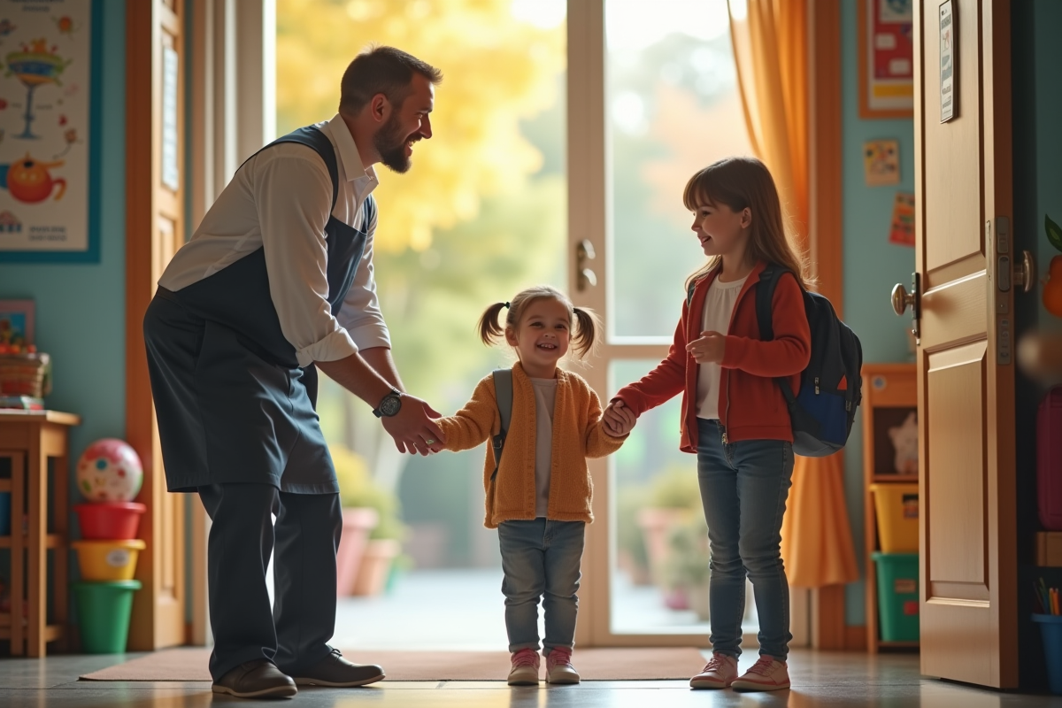 Assistant scolaire accueillant un enfant et un parent à l