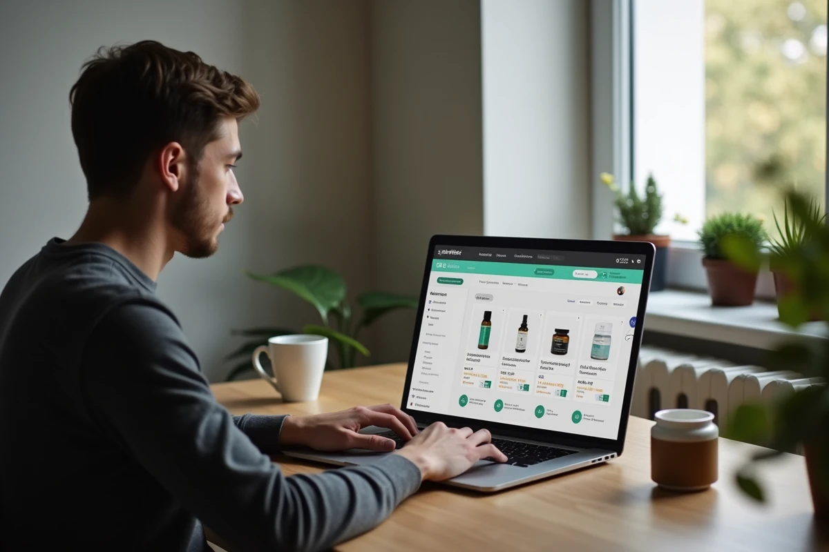 Jeune homme comparant des produits de parapharmacie en ligne sur son ordinateur portable depuis son bureau à domicile