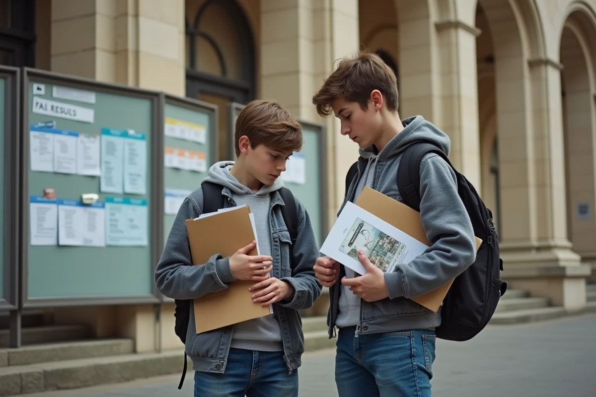 Deux adolescents devant un lycée français avec dossiers et résultats