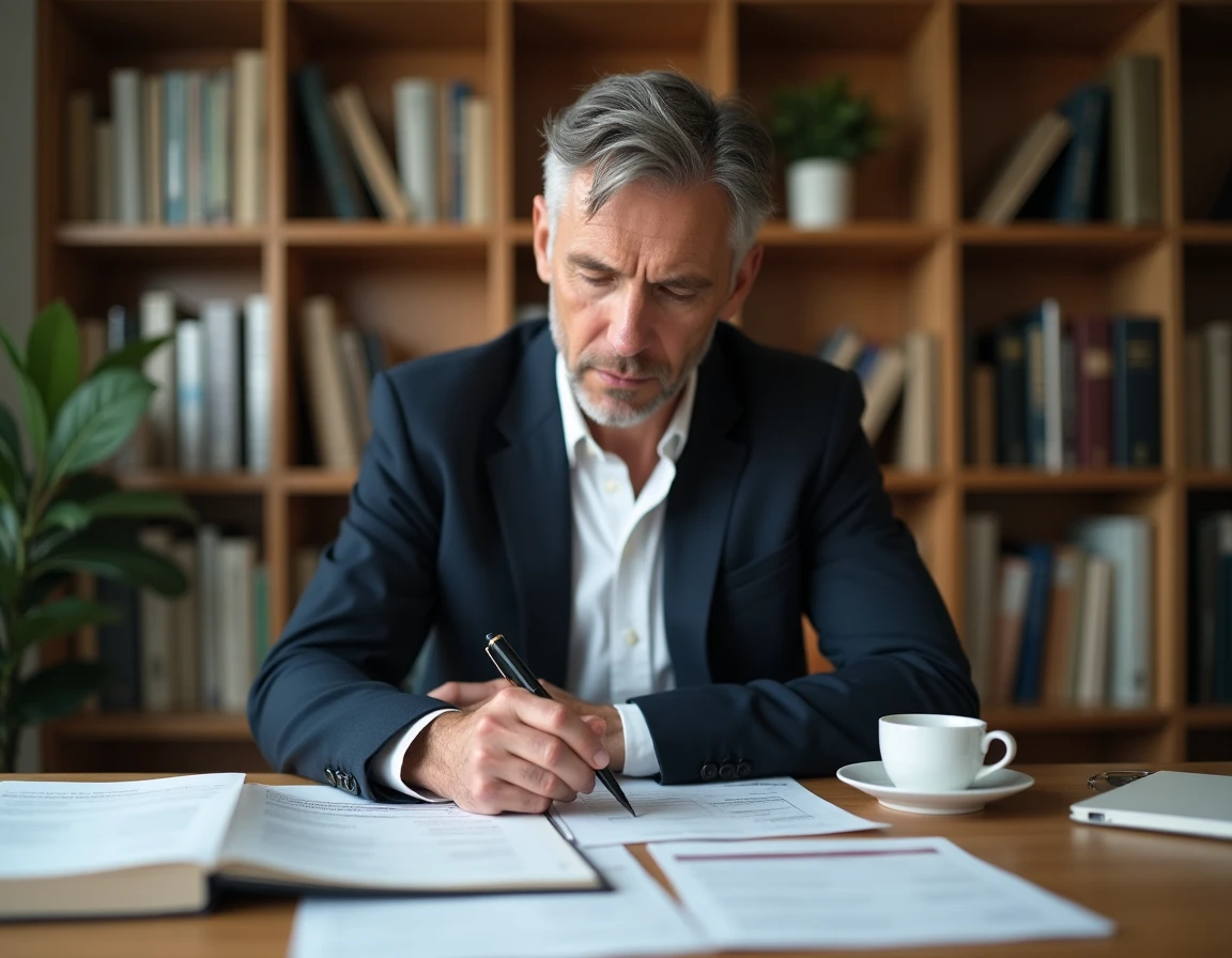 Homme fonctionnaire analysant ses fiches de paie et documents administratifs pour calculer son traitement COE