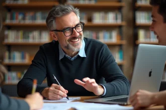 Homme d'âge moyen en tenue décontractée anime un groupe en bibliothèque
