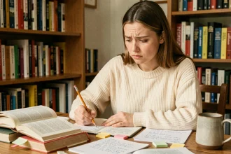 Jeune femme apprenant les articles définis et indéfinis en français de manière autodidacte, entourée de livres de grammaire et de notes manuscrites sur un bureau en bois