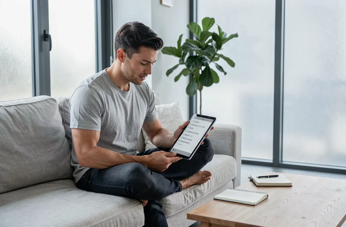 Homme adulte apprenant les articles français en autodidacte sur une tablette numérique, installé confortablement dans un salon moderne avec un cahier de notes ouvert