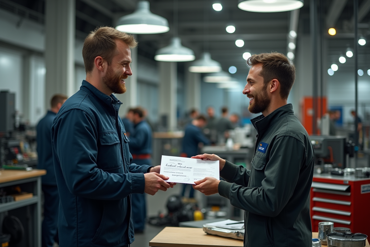 Apprenti souriant recevant un certificat dans un atelier technique