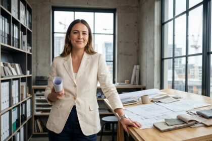 Architecte d'intérieur diplômée tenant des plans dans un bureau de design moderne, illustrant la valeur d'un diplôme reconnu sur un CV