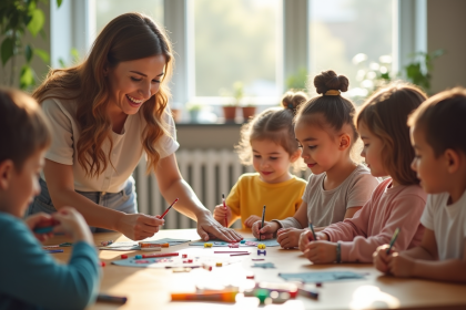 Assistante enseignante aidant des enfants en activité créative