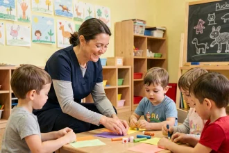 ATSEM aidant des enfants à faire une activité manuelle dans une salle de classe de maternelle