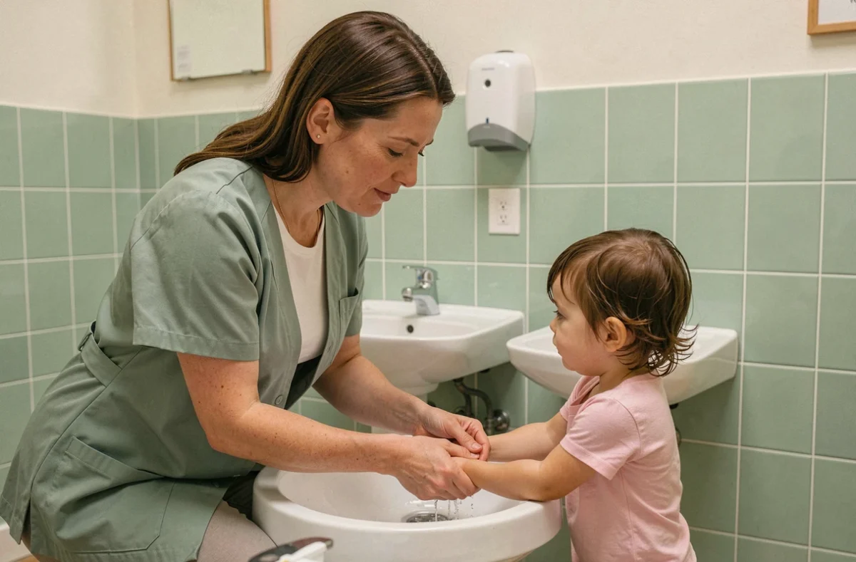 ATSEM accompagnant un enfant pour le lavage des mains dans les sanitaires de l'école