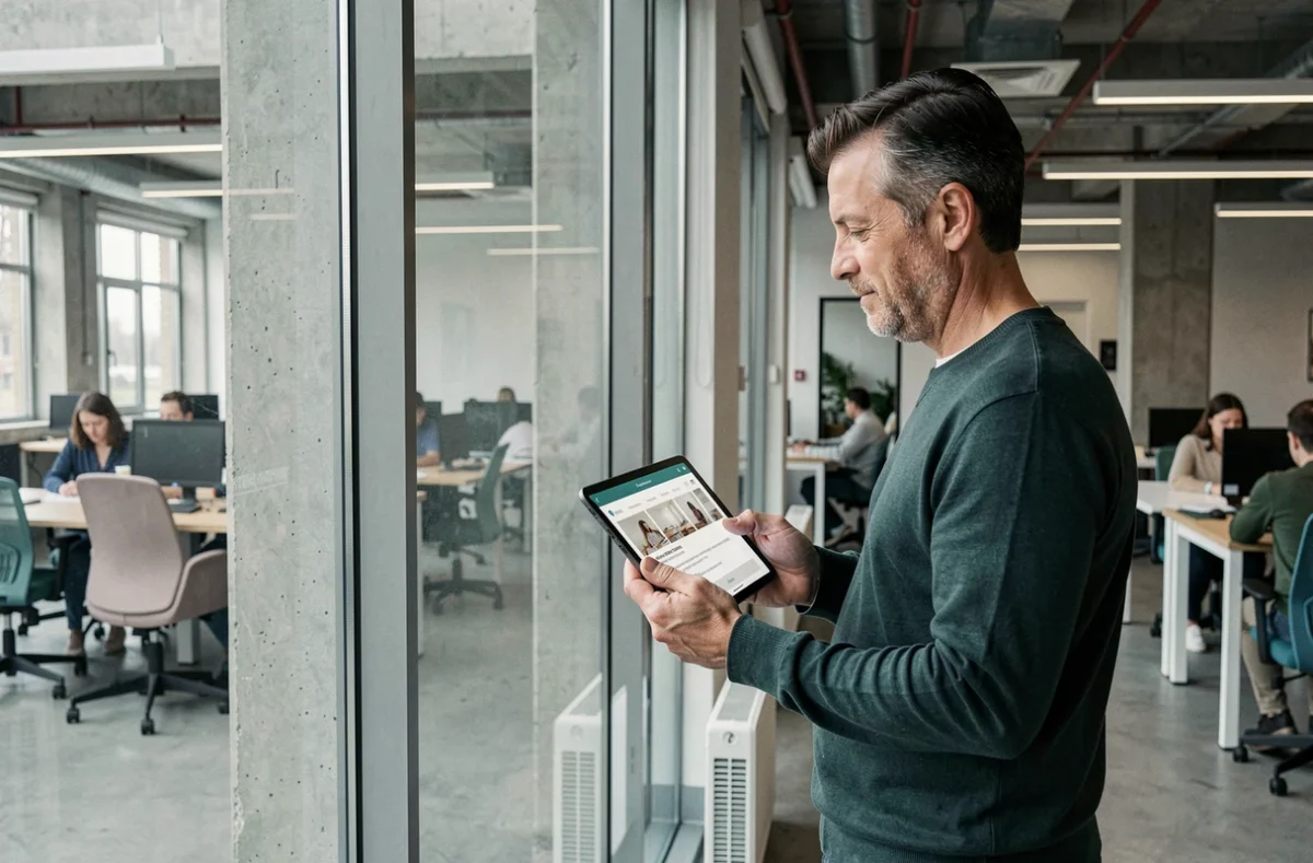 Professionnel consultant des avis sur une formation décoration intérieure via une tablette dans un espace coworking