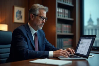 Avocat en costume navy dans un bureau moderne et technologique