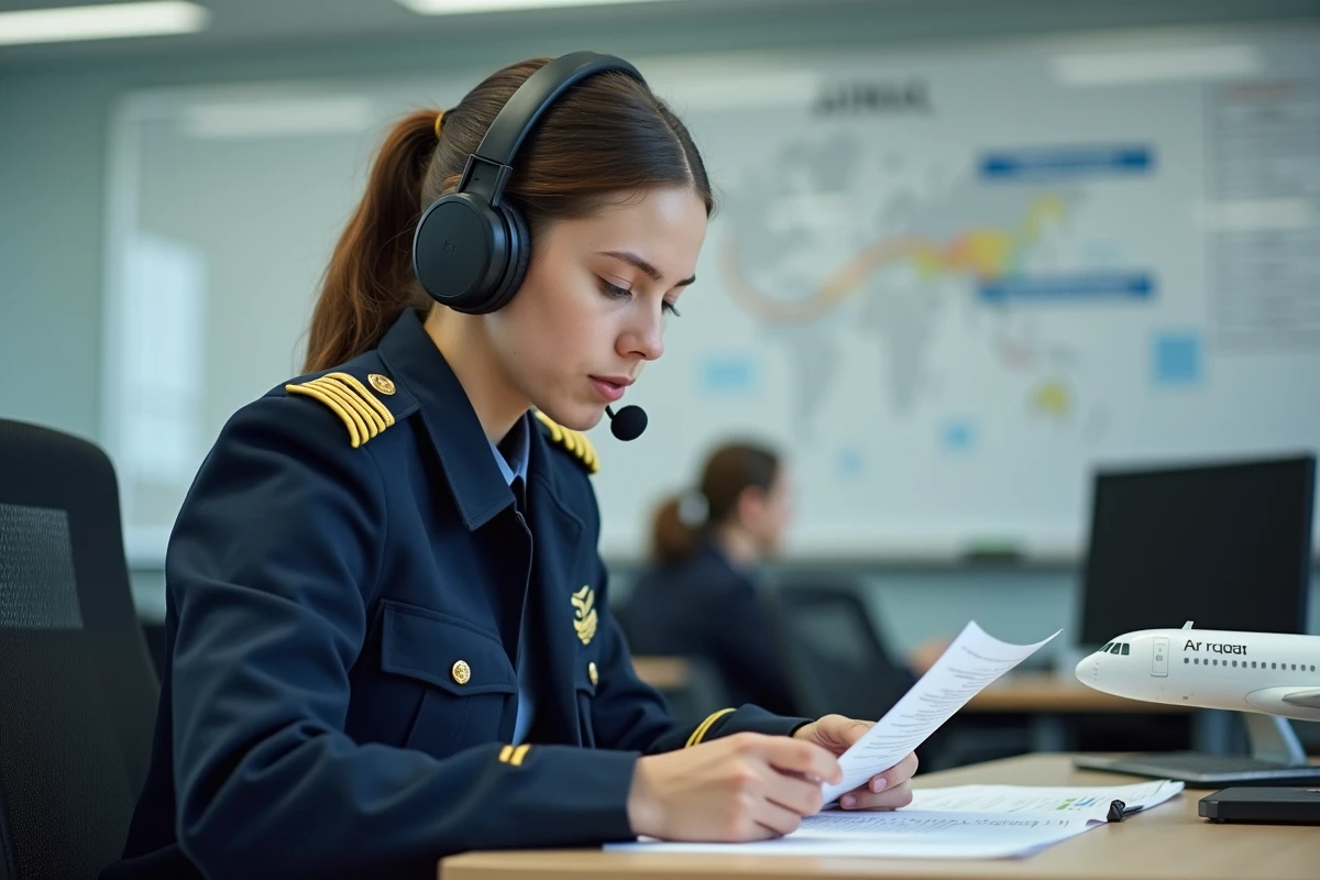Jeune femme cadet en uniforme parlant dans une salle de formation aviation