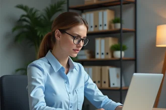 Femme fonctionnaire calculant son salaire de COE sur un ordinateur dans un bureau administratif moderne