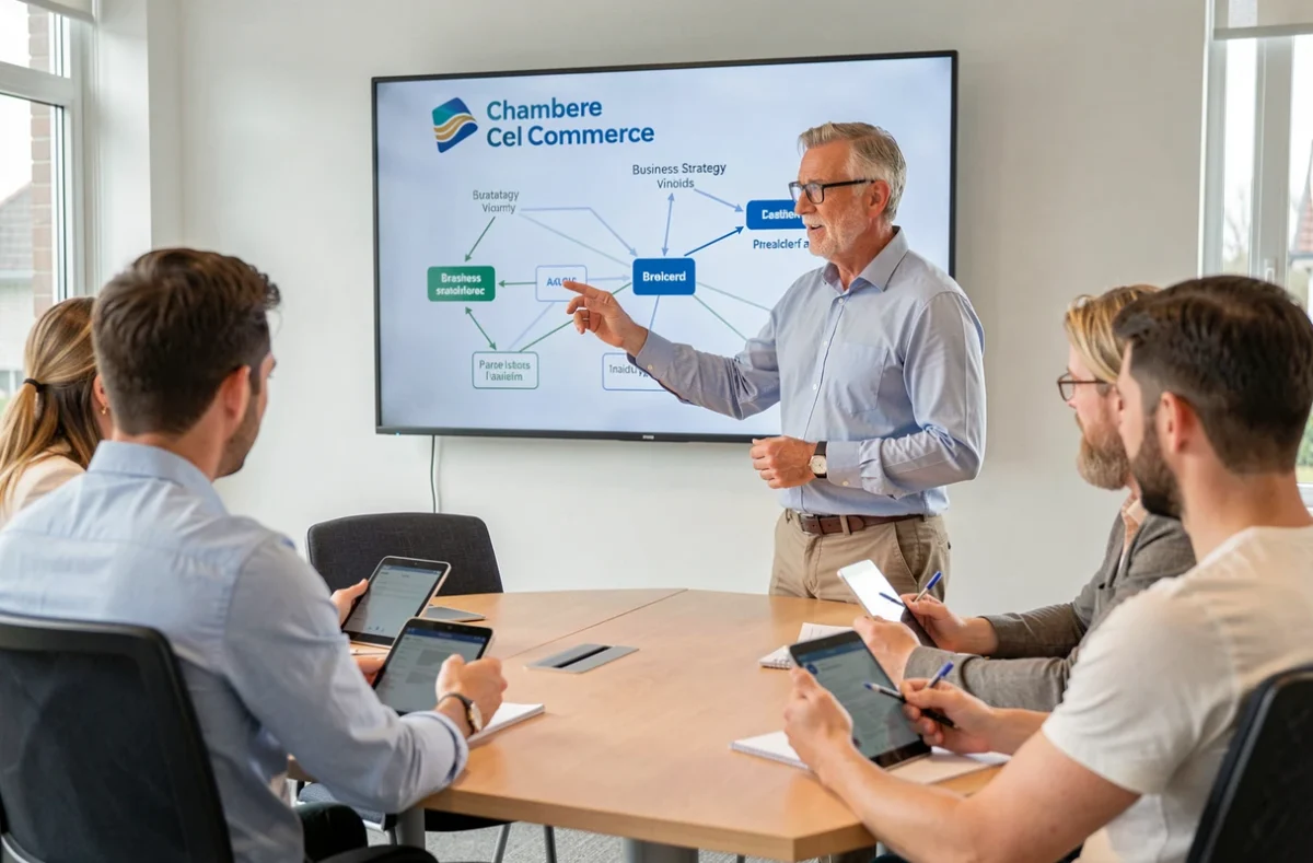 Formateur CCI Bretagne animant une session de formation professionnelle dans une salle moderne équipée d'écrans numériques
