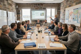 Groupe d'adultes en formation professionnelle dans un centre breton moderne avec murs en pierre et vue sur la ville