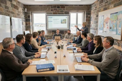 Groupe d'adultes en formation professionnelle dans un centre breton moderne avec murs en pierre et vue sur la ville