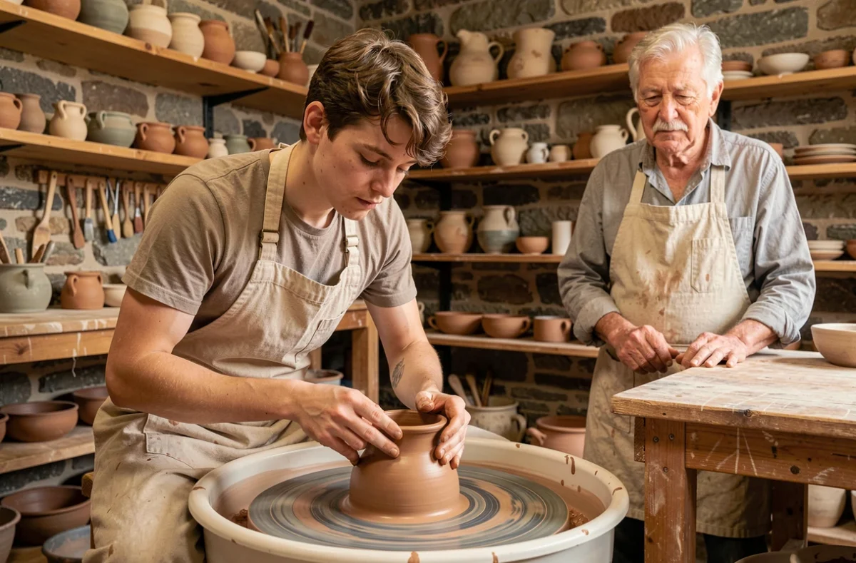 Apprenti artisan façonnant un pot en argile sous la supervision d'un maître artisan dans un atelier de la Chambre de Métiers de Bretagne