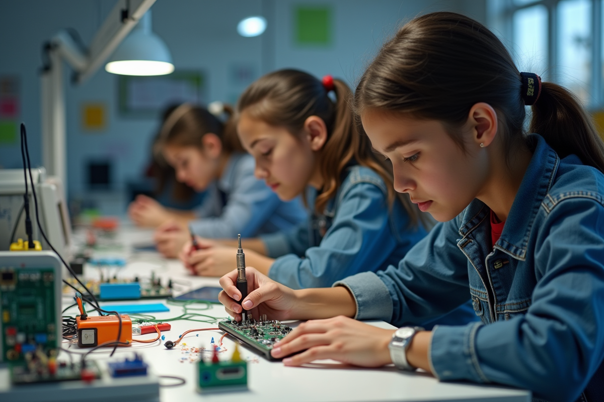 Étudiants collaborant sur un projet électronique en classe