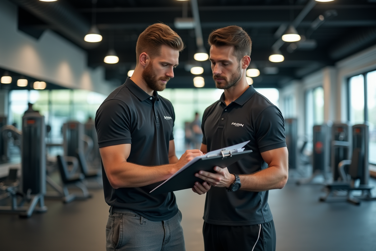 Coach guidant un nouveau membre dans une salle de sport