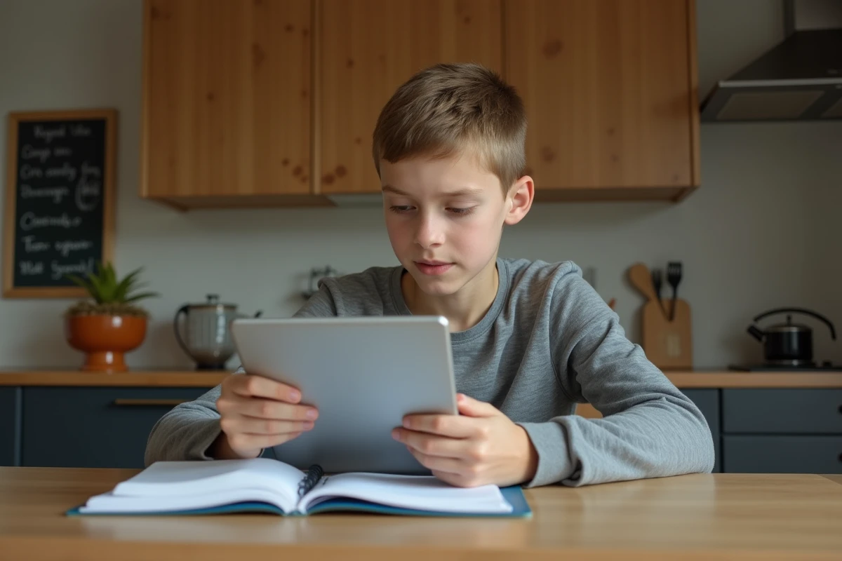 Collégien consultant son agenda scolaire en ligne sur une tablette dans une cuisine familiale moderne