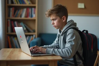 Collégien frustré tentant de se connecter à l'ENT college78 sur son ordinateur portable depuis sa chambre