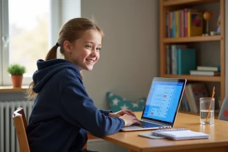 Collégienne suivant ses devoirs sur un ordinateur portable via Maclasse.fr dans une chambre bien rangée