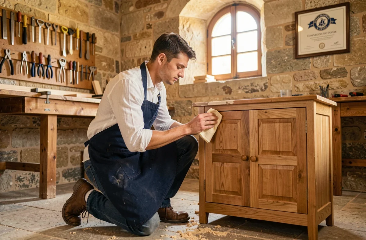 Jeune compagnon en alternance restaurant un meuble en bois dans un atelier artisanal des Compagnons du Devoir en Occitanie
