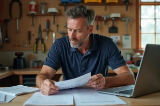 Homme comparant des certifications de formation bricolage à son établi avec des documents et un ordinateur portable