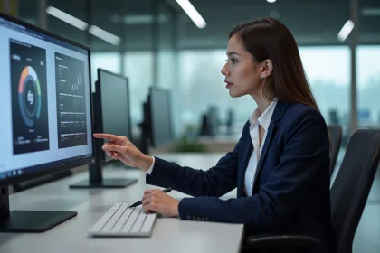 Une professionnelle compare deux plateformes ESG sur un écran d'ordinateur dans un bureau moderne, illustrant les différences entre ESG Extranet et une plateforme d'apprentissage ESG