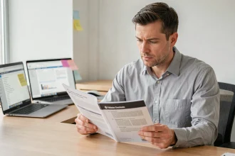 Homme comparant deux versions de documentation logicielle dans un bureau moderne, illustrant les différences entre CAP RLA pc et CAP RLA 2.2.0