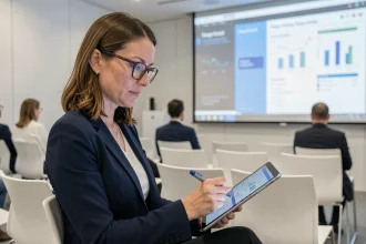 Femme professionnelle prenant des notes lors d'une conférence digitale à Paris sur la formation et le financement CPF en 2026
