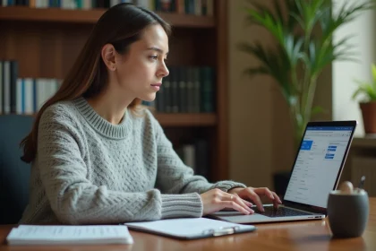 Femme configurant les réglages IMAP de la messagerie académique de Strasbourg sur Outlook dans un bureau universitaire