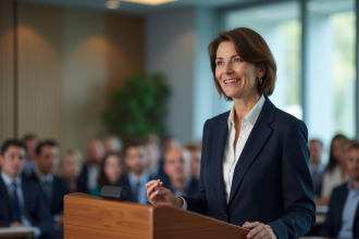 Femme conférencière en costume lors d'une présentation