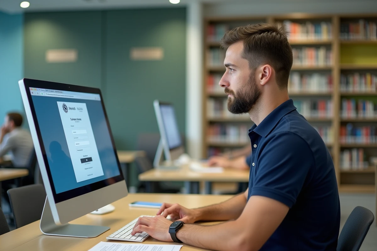 Homme consultant le guide de connexion Aisne NEO sur un ordinateur en médiathèque publique