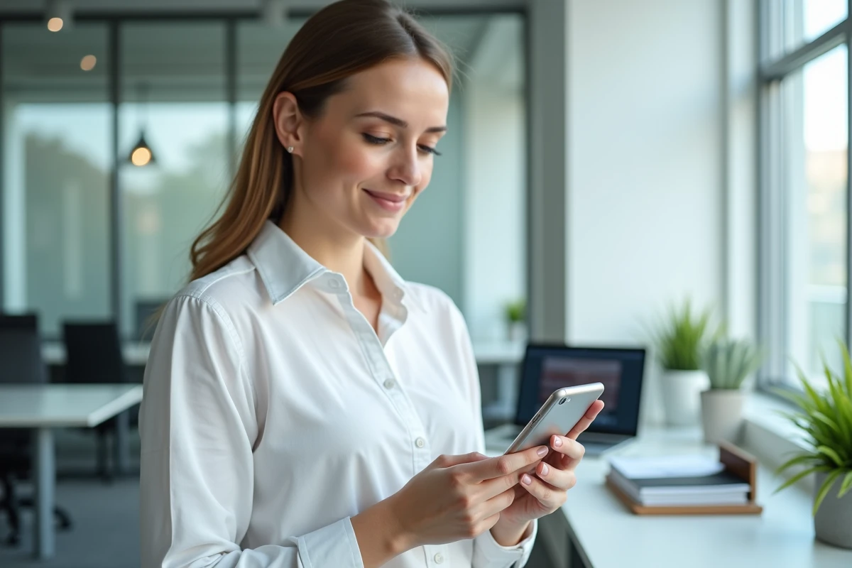 Employée universitaire vérifiant la connexion ENT Le Havre Normandie sur son smartphone au bureau