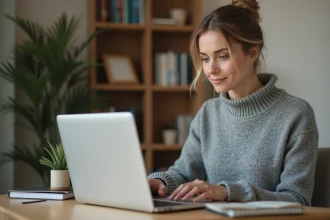 Femme connectée au portail NÉO Yvelines depuis son bureau à domicile sur un ordinateur portable
