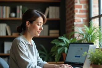 Femme utilisant un portail en ligne sur un ordinateur portable dans un bureau à domicile moderne