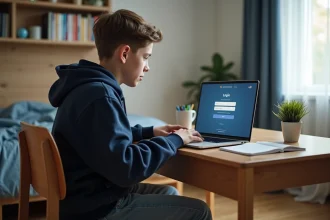 Lycéen connecté à son espace numérique scolaire depuis son bureau à la maison sur un ordinateur portable