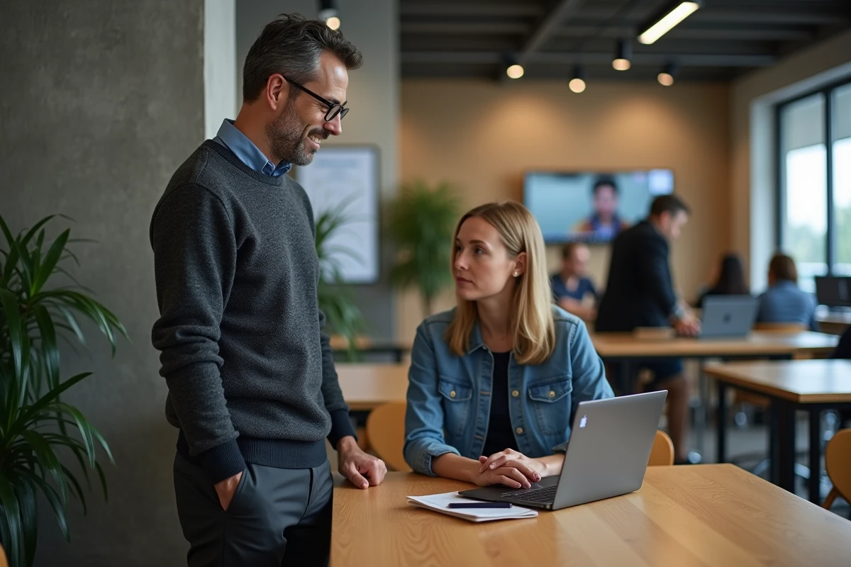 Homme discutant avec une conseillère de son parcours de formation PIA dans un espace de coworking à Grenoble