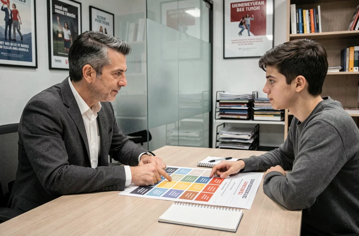 Conseiller d'orientation professionnel discutant d'un bilan de compétences avec un jeune étudiant