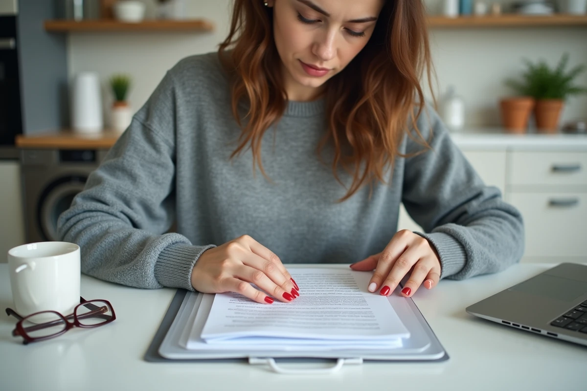 Jeune femme classant et conservant des documents importants téléchargés depuis son espace inscrit dans un classeur transparent