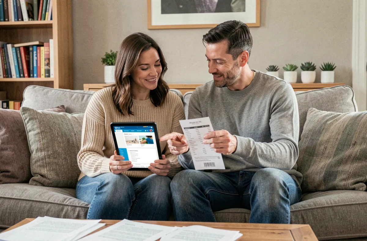 Couple évaluant la rentabilité d'un cours de bricolage en ligne sur tablette dans un salon confortable