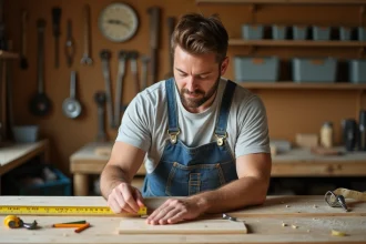 Homme adulte mesurant une planche en bois dans un atelier de bricolage bien équipé, illustration d'un cours de bricolage pratique
