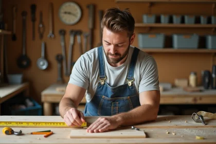 Homme adulte mesurant une planche en bois dans un atelier de bricolage bien équipé, illustration d'un cours de bricolage pratique