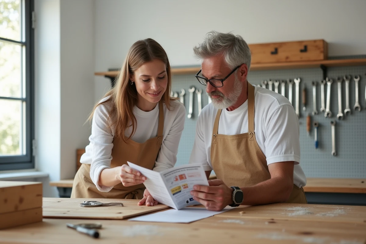 Deux adultes consultant un guide de bricolage ensemble lors d'un cours pratique en atelier moderne