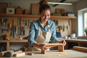 Femme débutante en bricolage assemblant une étagère en bois dans un atelier domestique organisé