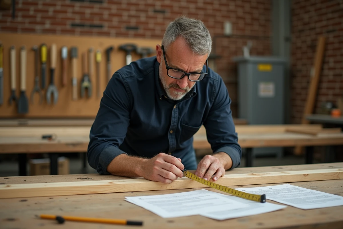 Homme en cours de bricolage mesurant une planche de bois dans un atelier pédagogique communautaire